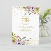 Pink Yellow Floral Gold Glitter 75th Birthday Invitation (Standing Front)