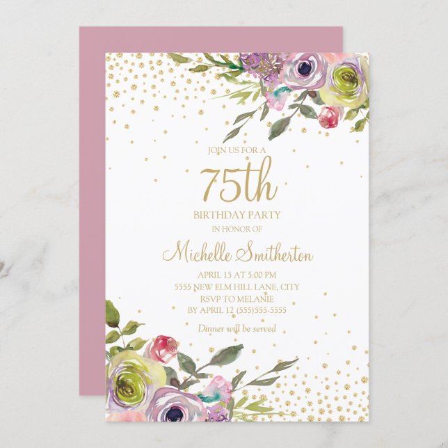 Pink Yellow Floral Gold Glitter 75th Birthday Invitation (Front/Back)