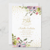 Pink Yellow Floral Gold Glitter 75th Birthday Invitation (Front)
