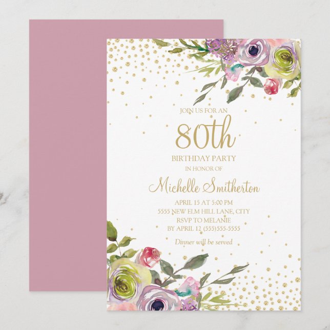Pink Yellow Floral Gold Glitter 80th Birthday Invitation (Front/Back)