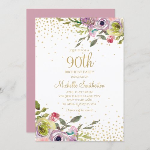 Pink Yellow Floral Gold Glitter 90th Birthday Invitation