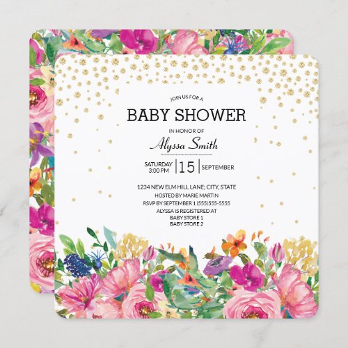 Pink Yellow Floral Gold Glitter Baby Shower Invitation
