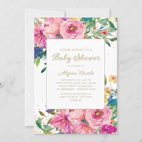 Pink Yellow Floral Gold Glitter Baby Shower Invitation