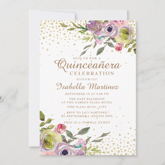 Pink Yellow Floral Gold Glitter Quinceañera Invitation (Front)