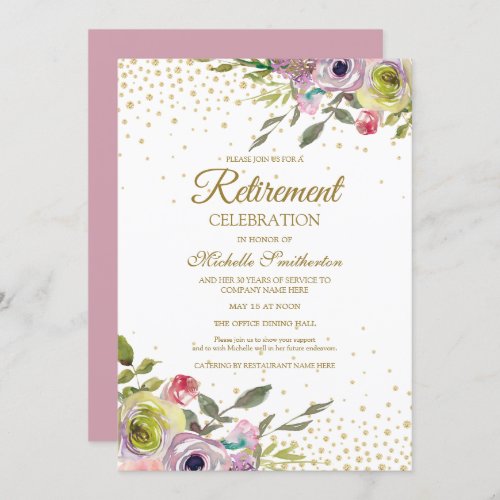 Pink Yellow Floral Gold Glitter Retirement Party Invitation