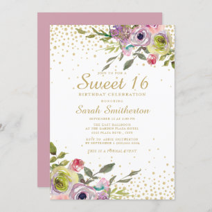 Pink Yellow Floral Gold Glitter Sweet 16 Birthday Invitation