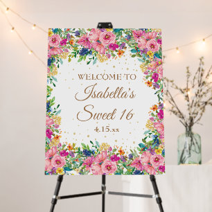 Pink Yellow Floral Gold Glitter Sweet 16 Foam Board