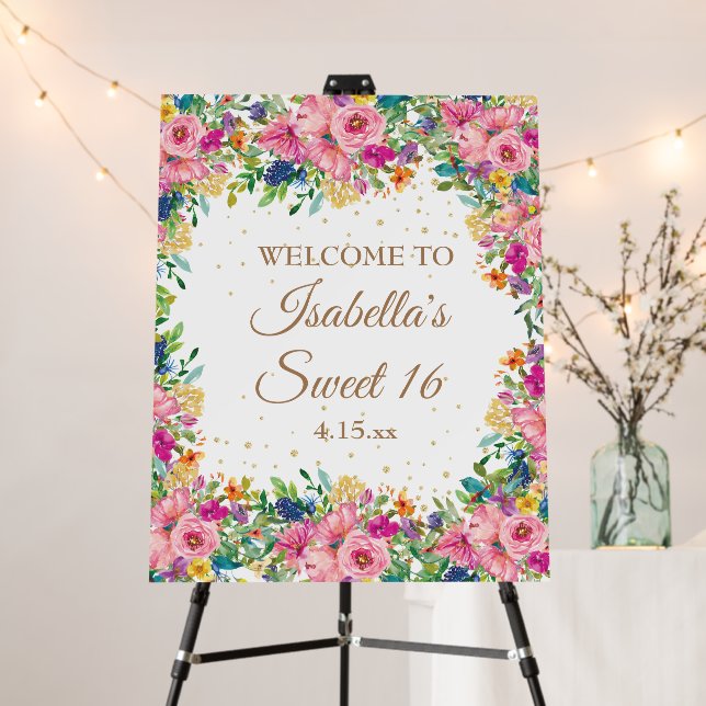 Pink Yellow Floral Gold Glitter Sweet 16 Foam Board (In Situ (Stand))