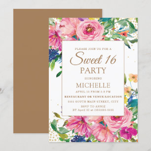 Pink Yellow Floral Gold Glitter Sweet 16 Invitation