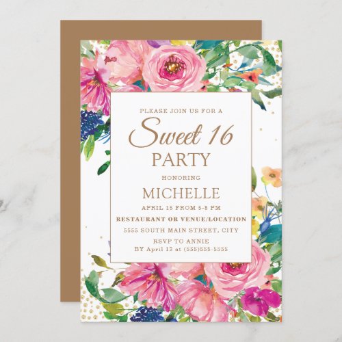 Pink Yellow Floral Gold Glitter Sweet 16 Invitation