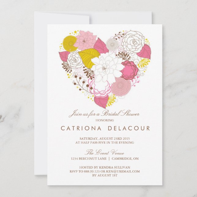 Pink Yellow Floral Heart Bridal Shower Invitation (Front)
