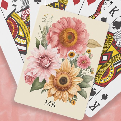 Pink Yellow Floral Monogram  Poker Cards
