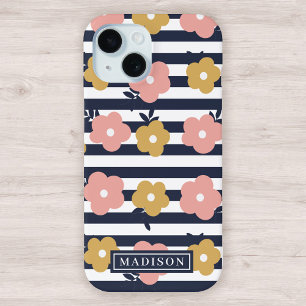Pink Yellow Floral Pattern on Navy Blue Stripes iPhone 15 Case