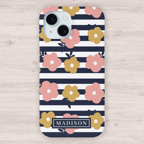 Pink Yellow Floral Pattern on Navy Blue Stripes iPhone 15 Case