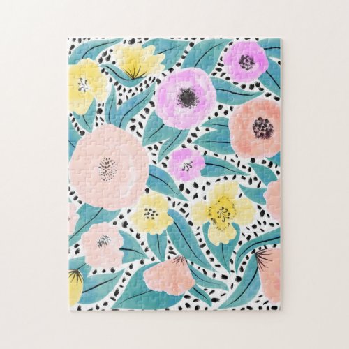 Pink Yellow Floral Polka Dots Watercolor Pattern Jigsaw Puzzle
