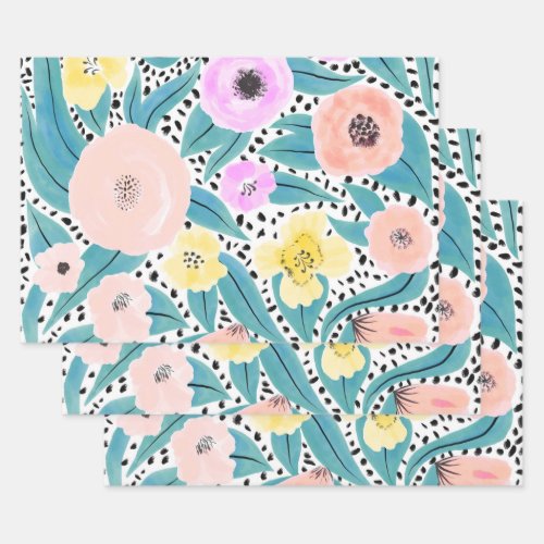 Pink Yellow Floral Polka Dots Watercolor Pattern Wrapping Paper Sheets