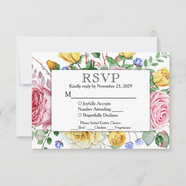Pink Yellow Floral RSVP Wedding Response w/ Meals (Front)