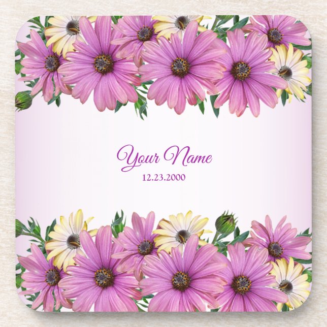 Pink Yellow Floral Rustic Elegant Wedding Party Beverage Coaster (Front)