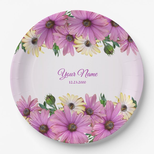 Pink Yellow Floral Rustic Elegant Wedding Party Paper Plates (Front)