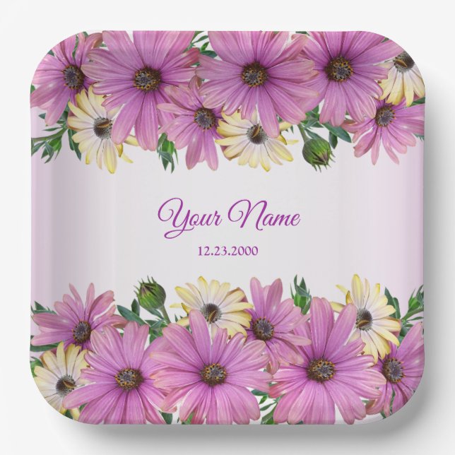Pink Yellow Floral Rustic Elegant Wedding Party Paper Plates (Front)