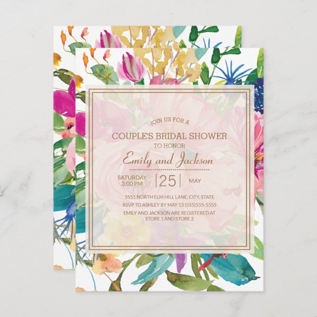 Pink Yellow Floral  Script Couple's Bridal Shower Invitation (Front/Back)