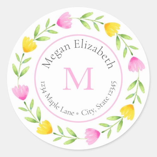 Pink Yellow Floral Stem Wreath labels