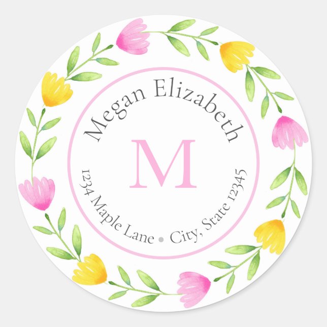 Pink Yellow Floral Stem Wreath labels (Front)