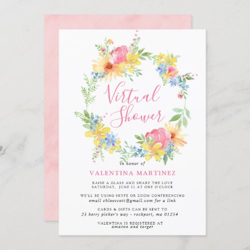 Pink Yellow Floral Virtual Bridal or Baby Shower Invitation