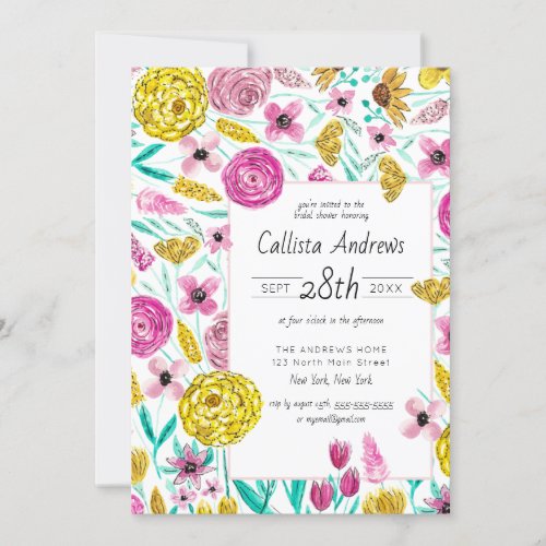 Pink Yellow Floral Watercolor Bridal Shower Invitation