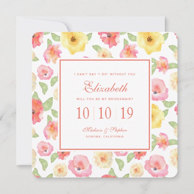 Pink & Yellow Floral Watercolor - Bridesmaid Invitation (Front)