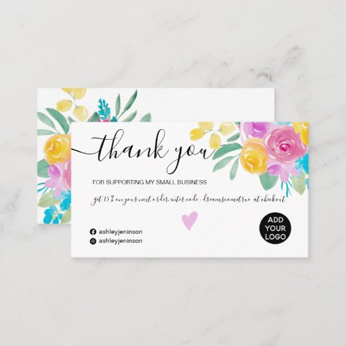 Pink yellow floral watercolor chic order thank you business card