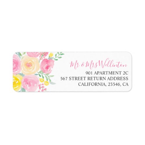 Pink yellow floral watercolor return wedding label