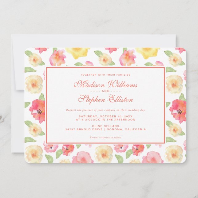 Pink & Yellow Floral Watercolor - Wedding Invitation (Front)