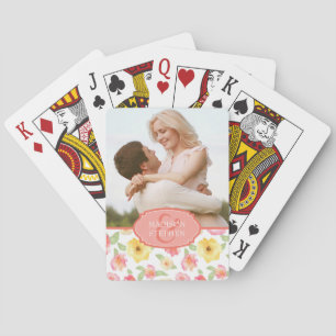 Pink & Yellow Floral Watercolor - Wedding Photo Poker Cards