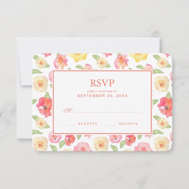 Pink & Yellow Floral Watercolor - Wedding RSVP (Front)