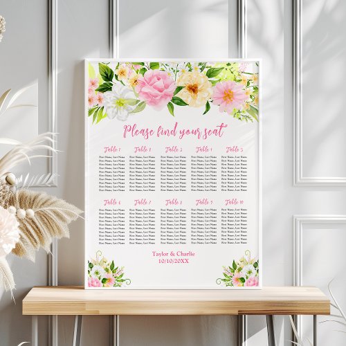 Pink Yellow Floral Wedding 10 Tables Seating Chart