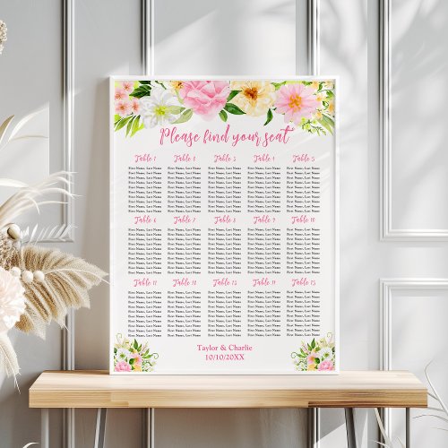 Pink Yellow Floral Wedding 15 Tables Seating Chart