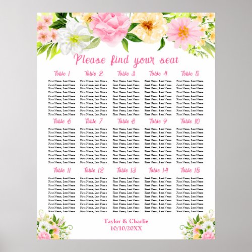 Pink Yellow Floral Wedding 15 Tables Seating Chart