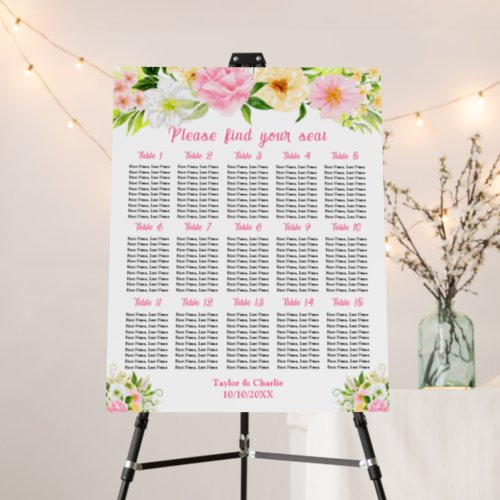 Pink Yellow Floral Wedding 15 Tables Seating Chart Foam Board