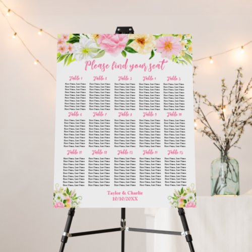 Pink Yellow Floral Wedding 15 Tables Seating Chart Foam Board