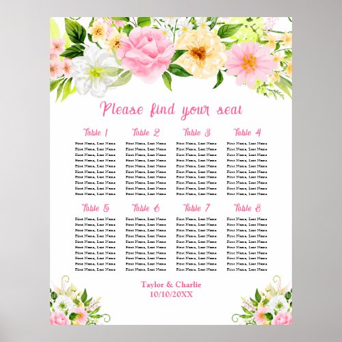 Pink Yellow Floral Wedding 8 Tables Seating Chart