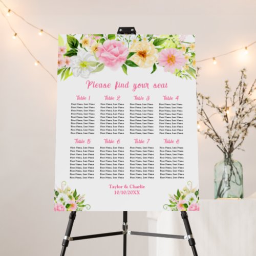 Pink Yellow Floral Wedding 8 Tables Seating Chart Foam Board