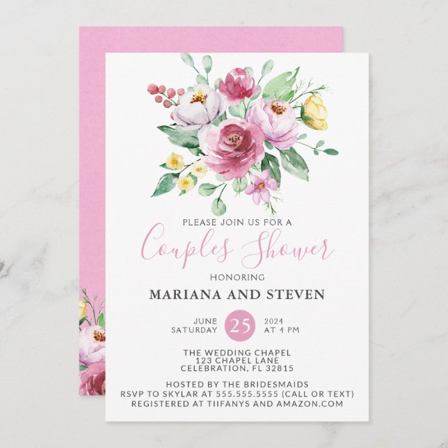Pink Yellow Floral Wedding Couples Shower Invitation (Front/Back)