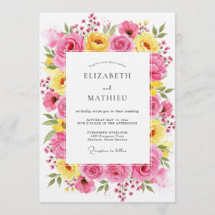 Pink Yellow Floral Whimsy Wedding Invitation
