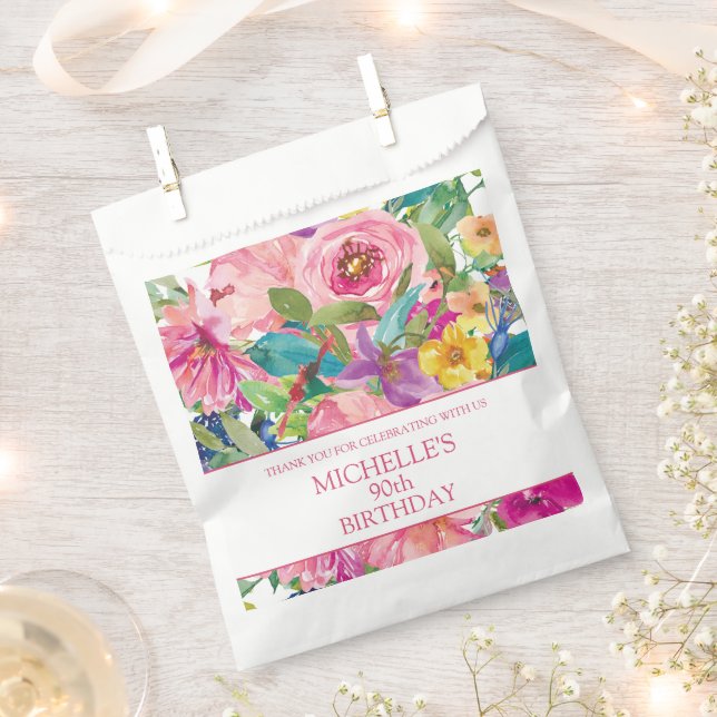Pink Yellow Floral Women's Birthday Party Favor Bag (Clipped)