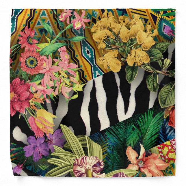 Pink Yellow Floral Zebra Indian Print Pattern Bandana (Front)