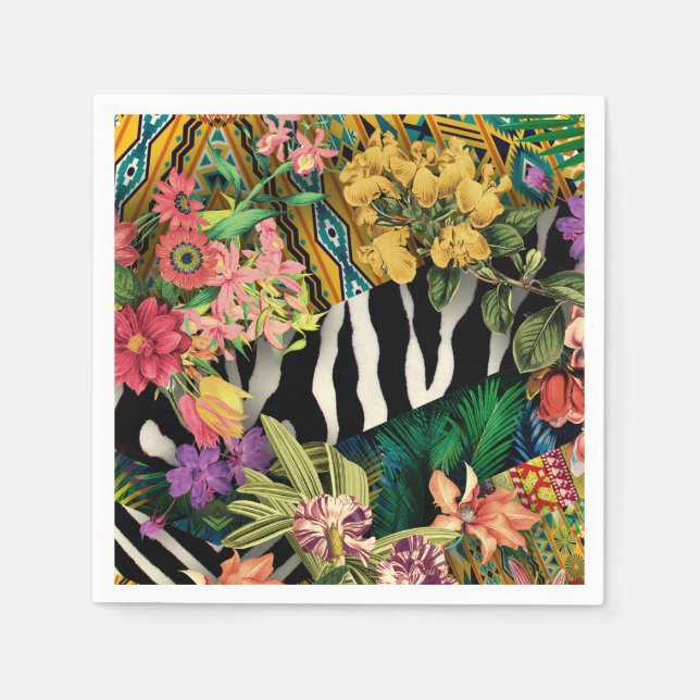 Pink Yellow Floral Zebra Indian Print Pattern Napkins (Front)