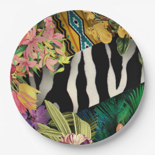 Pink Yellow Floral Zebra Indian Print Pattern Paper Plates
