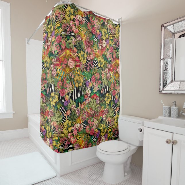Pink Yellow Floral Zebra Indian Print Pattern Shower Curtain (In Situ)