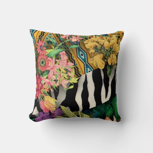 Pink Yellow Floral Zebra Indian Print Pattern Throw Pillow